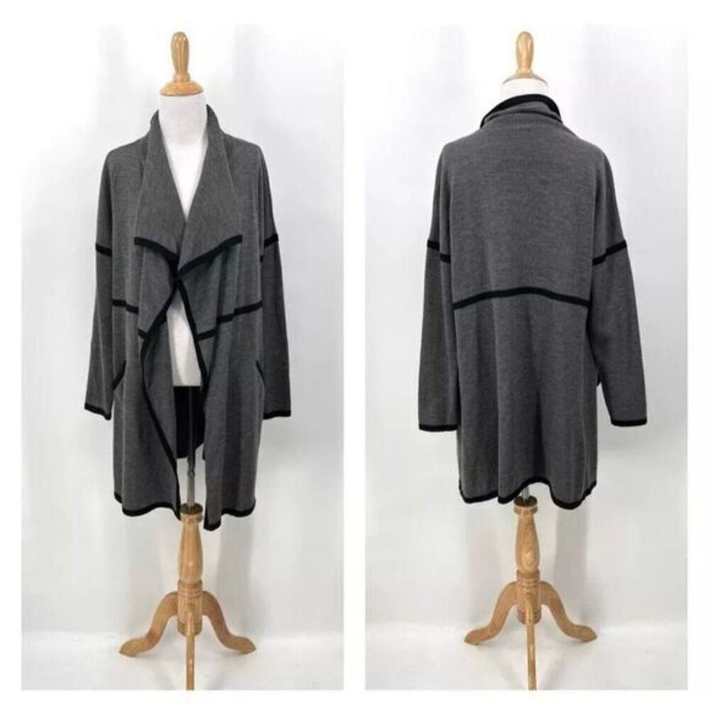 Eileen Fisher Long Gray & Black 100% Merino Wool Cardigan Sweater Womans Small